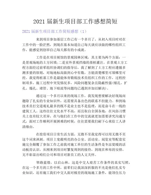 2021届新生项目部工作感想简短