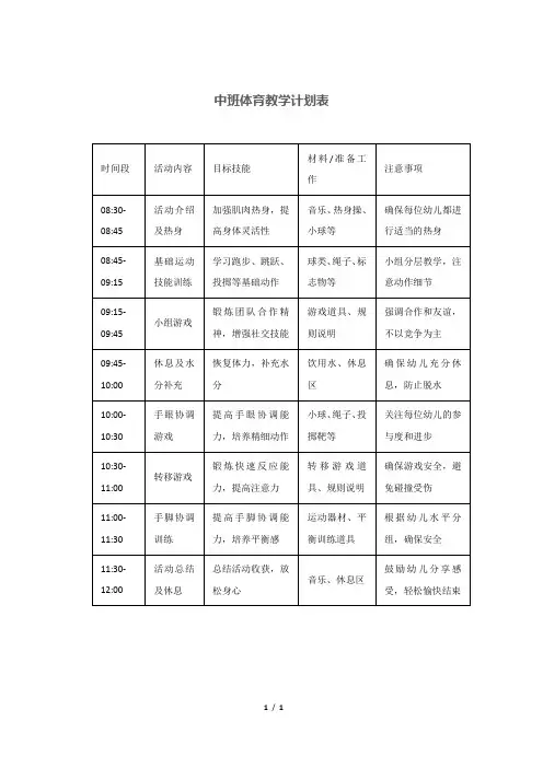 中班体育教学计划表