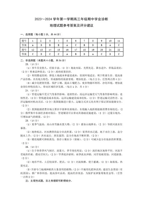 山西省太原市2023-2024学年高三上学期期中学业诊断考试地理答案