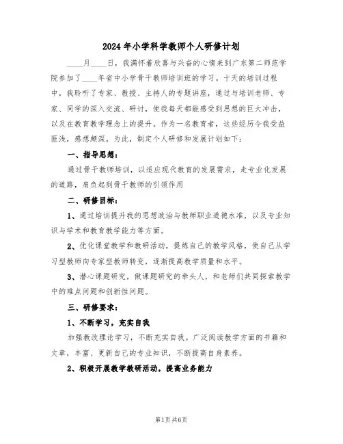 2024年小学科学教师个人研修计划(3篇)