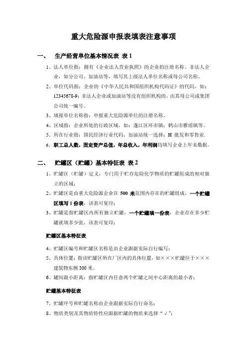 重大危险源申报表填表注意事项