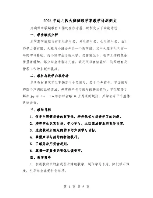 2024年幼儿园大班班级学期教学计划例文（二篇）