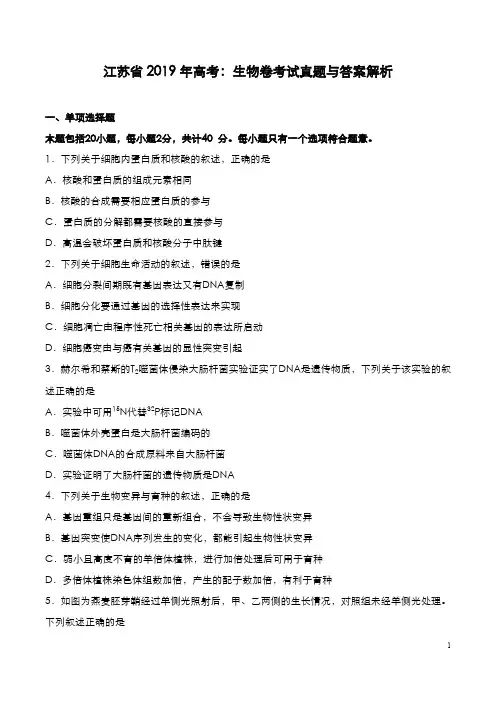 江苏省2019年高考[生物]考试真题与答案解析