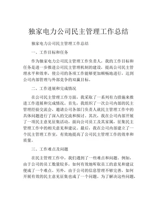 独家电力公司民主管理工作总结