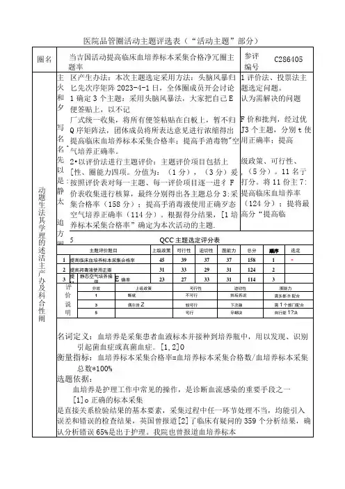 医院品管圈提高临床血培养标本采集合格率活动主题评选表