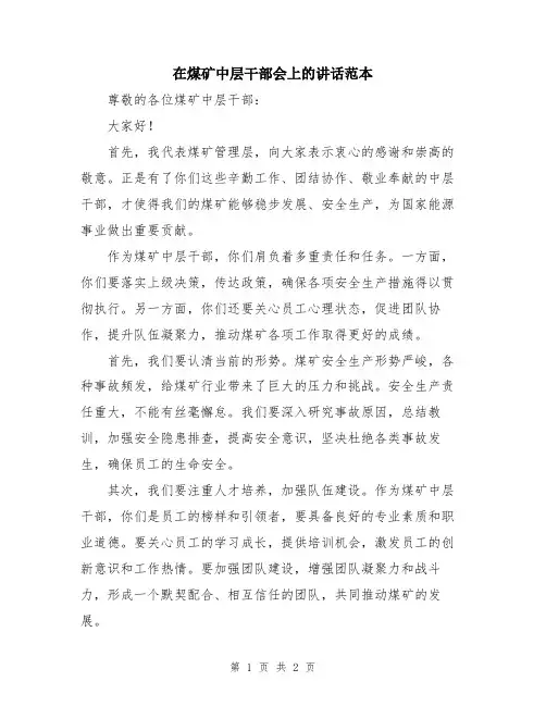 在煤矿中层干部会上的讲话范本