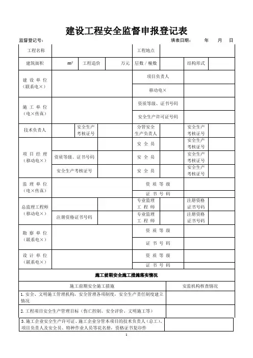 建设工程安全监督申报登记表参考模板范本