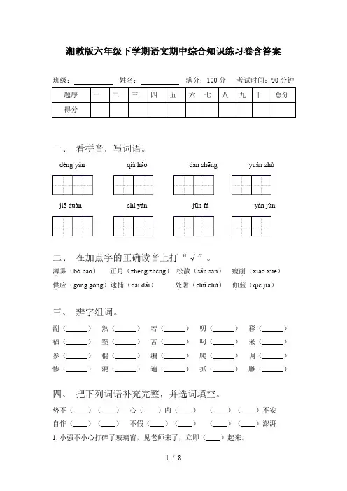 湘教版六年级下学期语文期中综合知识练习卷含答案