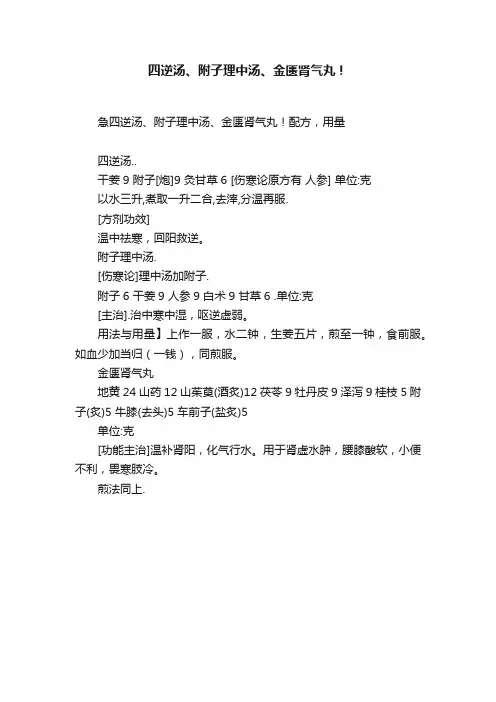 四逆汤、附子理中汤、金匮肾气丸！