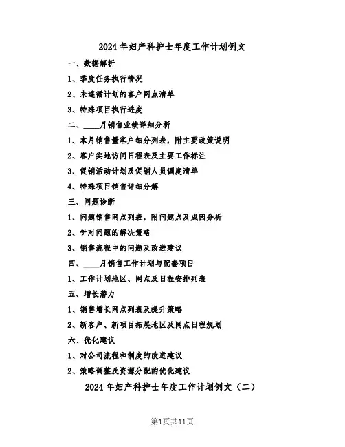 2024年妇产科护士年度工作计划例文（六篇）