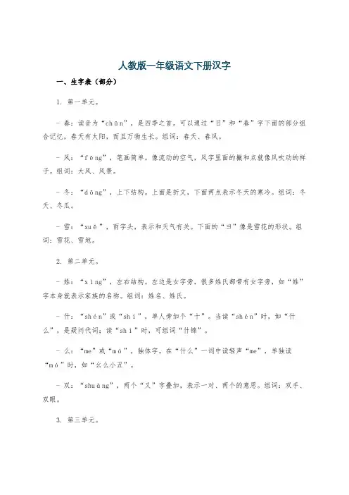 人教版一年级语文下册汉字