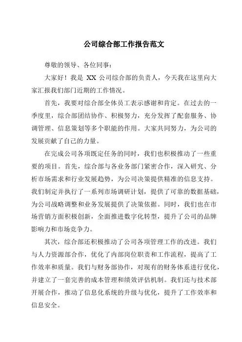 公司综合部工作报告范文