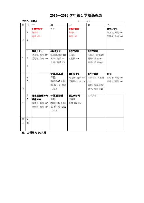 2014—2015学年第1学期课程表