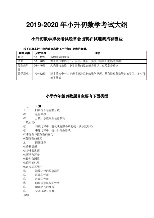 2019-2020年小升初数学考试大纲