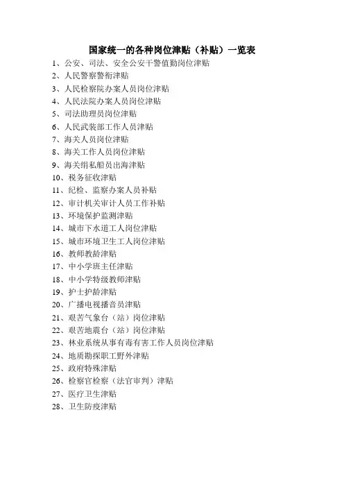 国家统一的各种岗位津贴(补贴)一览表