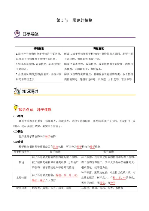 2022年初中科学同步讲义(浙教版) 七年级上册 第2章 第5节 常见的植物(教师版)