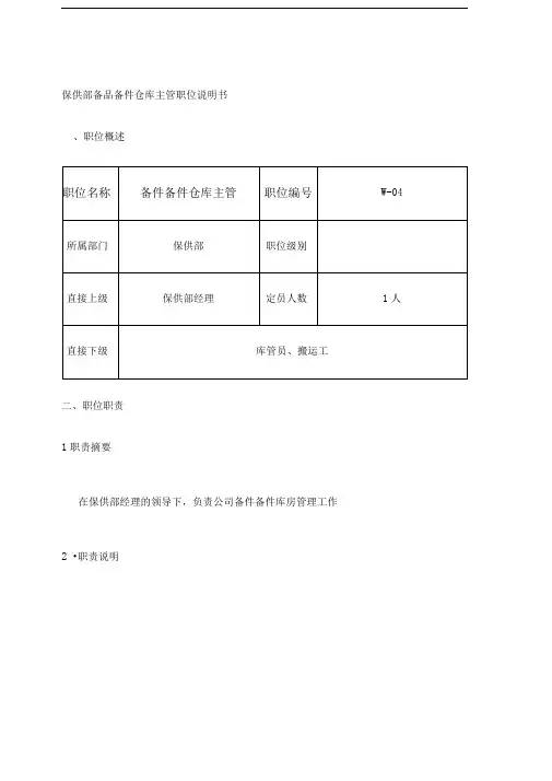 保供部备品备件仓库主管职位说明书