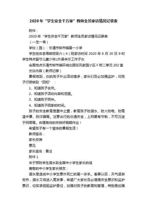 2020年“学生安全千万家”教师全员家访情况记录表