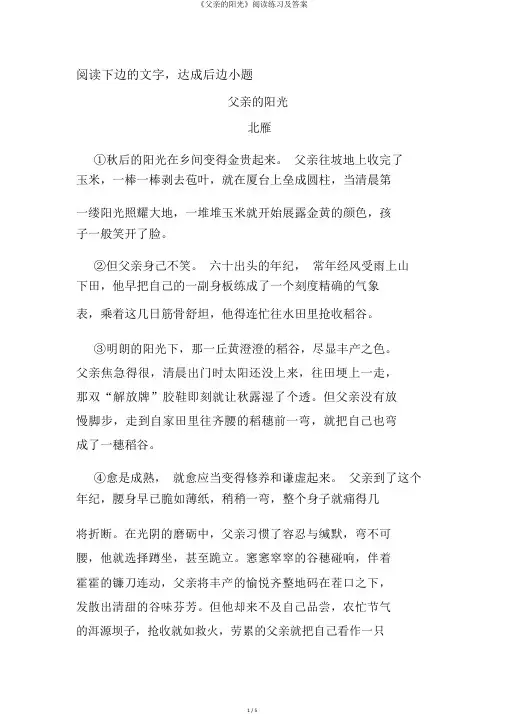 《父亲的阳光》阅读练习及答案