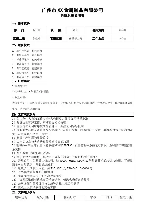 品质部岗位说明书(科长)