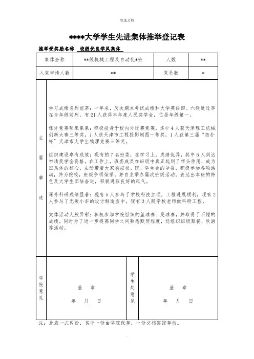 先进班集体推荐登记表