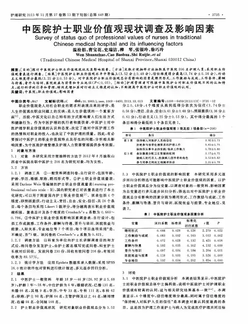中医院护士职业价值观现状调查及影响因素