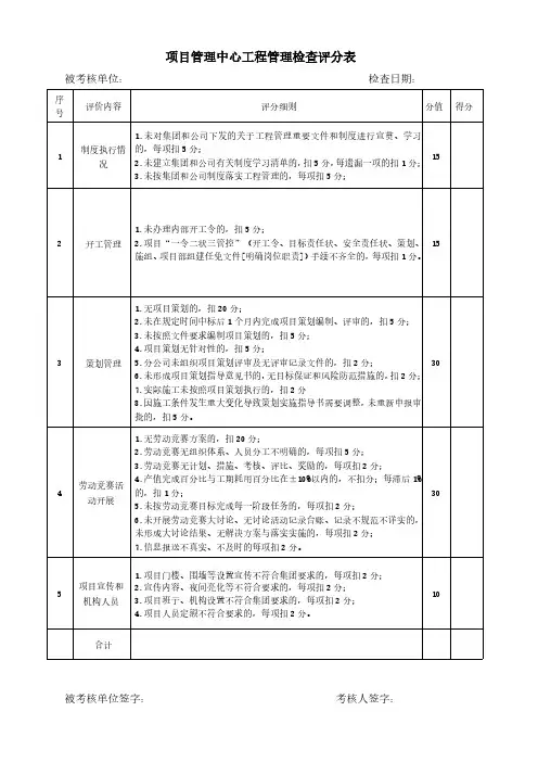 项目管理中心工程管理检查评分表