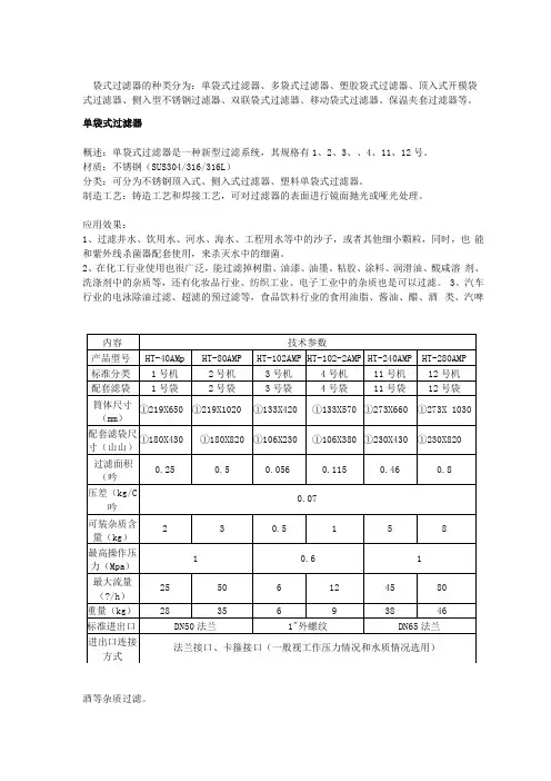 多种袋式过滤器说明资料