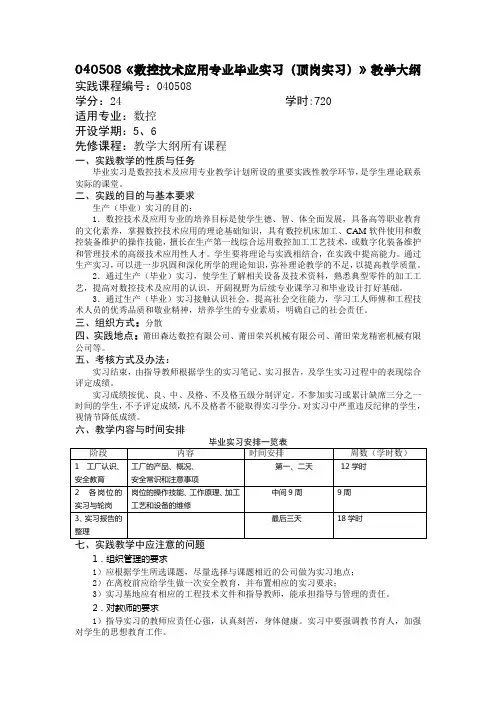 数控技术专业顶岗实习教学大纲
