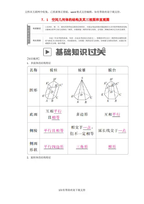 2020版高考数学一轮复习第7章立体几何7.1空间几何体的结构及其三视图和直观图学案文