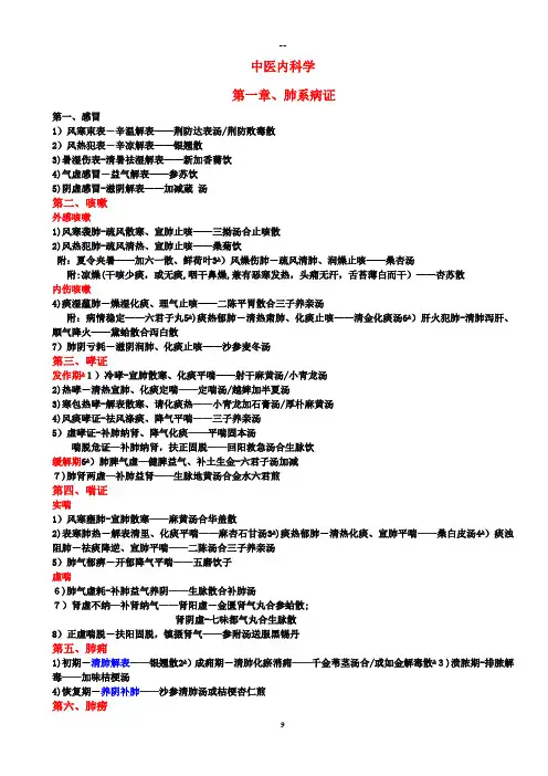 中医内科学病证分型+方名总结