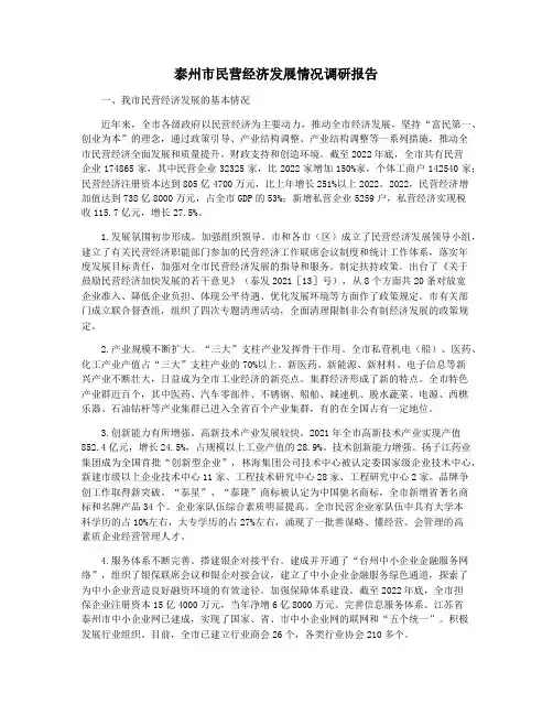 泰州市民营经济发展情况调研报告