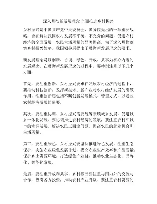 深入贯彻新发展理念 全面推进乡村振兴