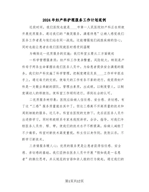 2024年妇产科护理服务工作计划范例(五篇)