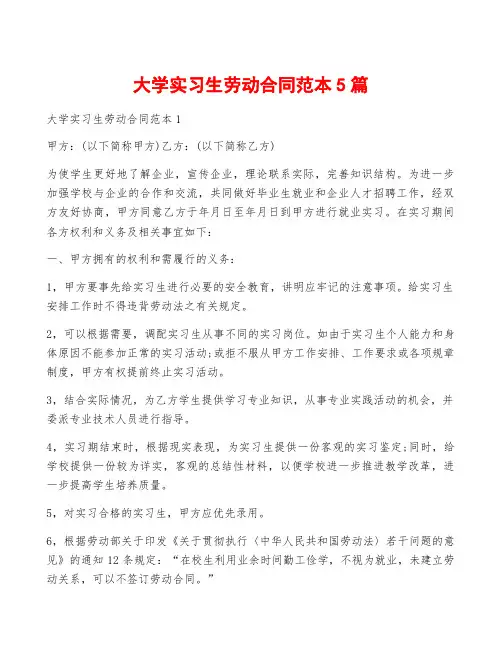 大学实习生劳动合同范本5篇