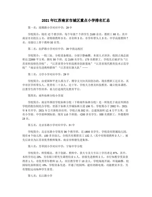 2021年江苏南京市城区重点小学排名汇总