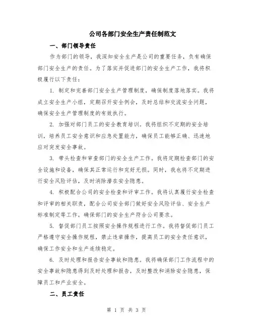 公司各部门安全生产责任制范文