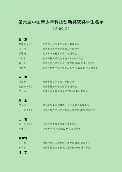 第六届中国青少年科技创新奖获奖学生名单