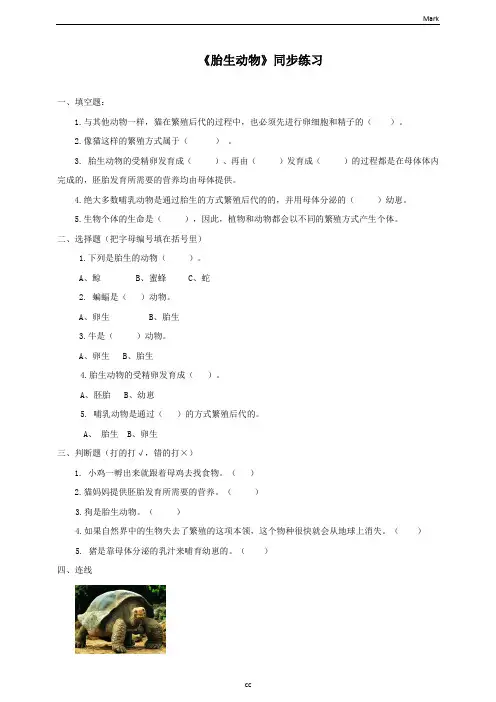 新粤教版科学五年级上册科学2.15 胎生动物(同步练习)