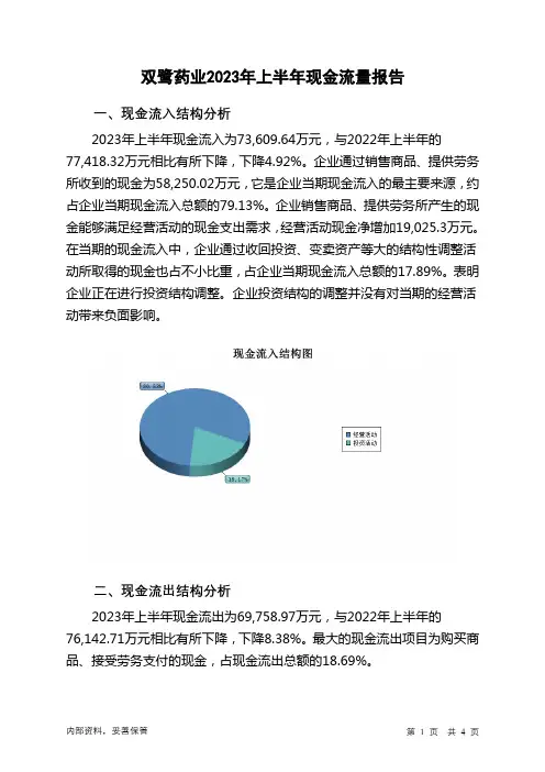 002038双鹭药业2023年上半年现金流量报告