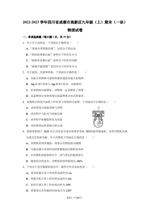 2022-2023学年四川省成都市高新区九年级(上)期末物理试卷(一诊)