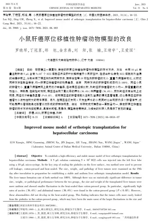 小鼠肝癌原位移植性肿瘤动物模型的改良