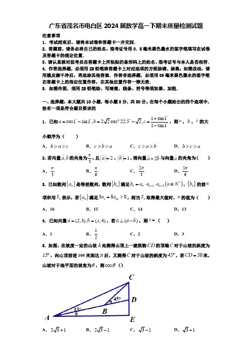 广东省茂名市电白区2024届数学高一下期末质量检测试题含解析