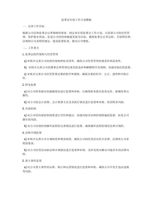 监事会年度工作计划模板