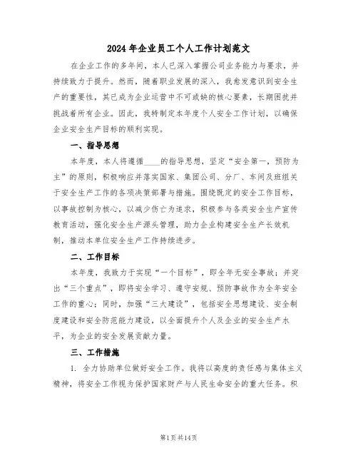 2024年企业员工个人工作计划范文（6篇）