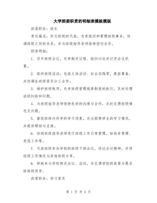 大学班委职责的明细表模板模版
