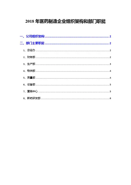 2018年医药制造企业组织架构和部门职能