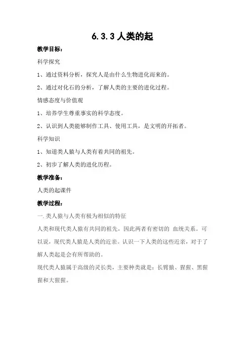 翼少儿版生物八年级下册人类的起源 教案