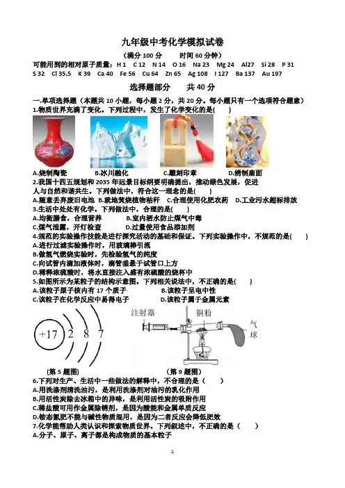 鲁教版九年级中考化学一模考试试题(含答案)