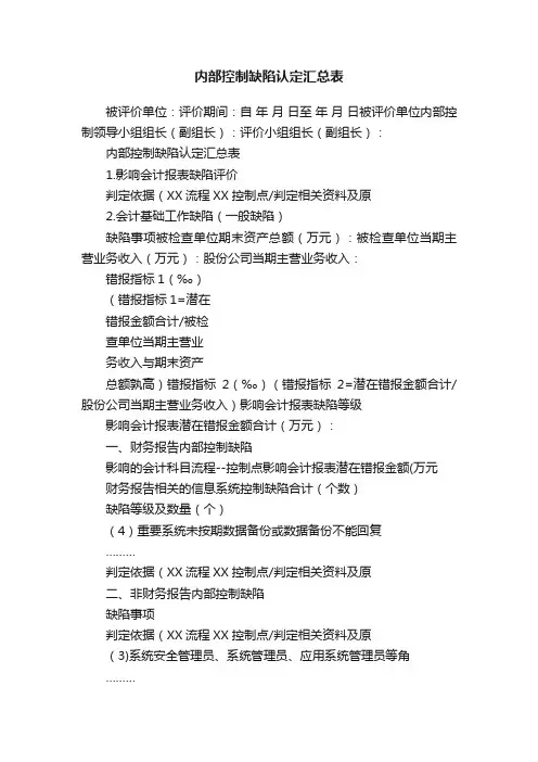 内部控制缺陷认定汇总表